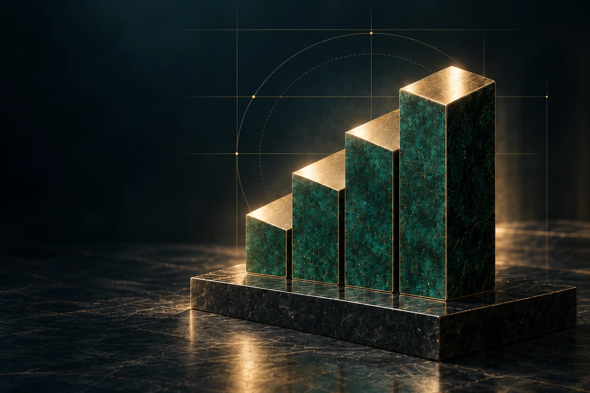 Four ascending green marble pillars with gold tops, an architectural illustration of the E4 progression